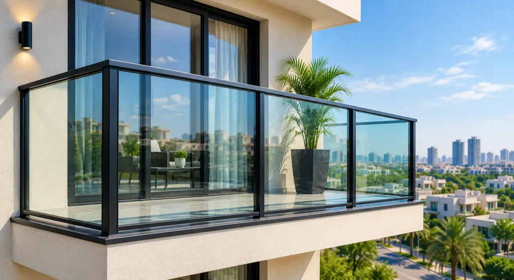Glass balcony railing with an aluminium frame