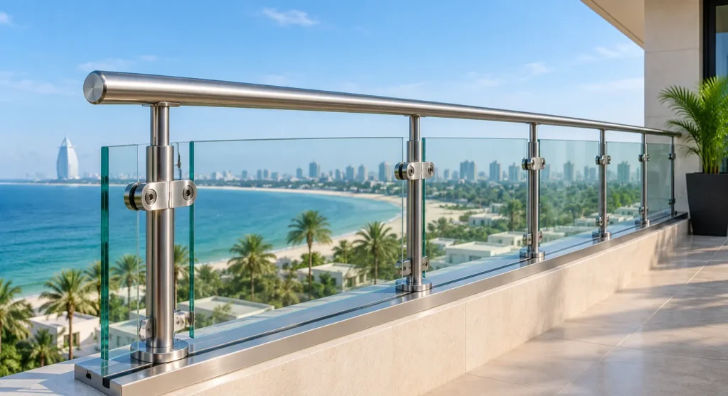 Stainless steel fittings and handrail on a glass balustrade