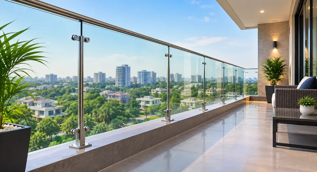 Modern balcony glass railing in Dubai with clear glass panels