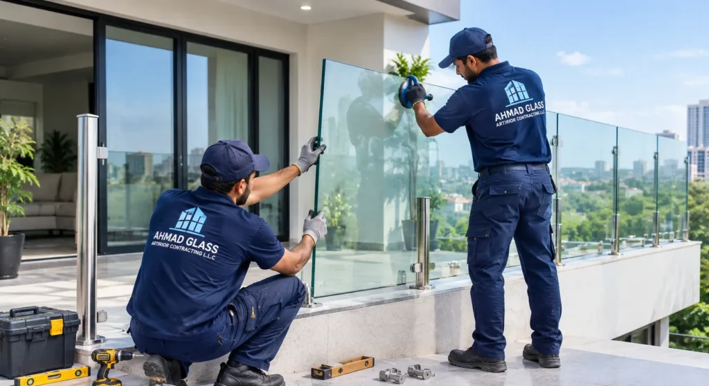Glass railing panels being installed on a residential balcony