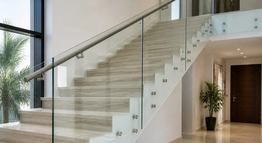 Modern staircase with glass railing and a sleek handrail