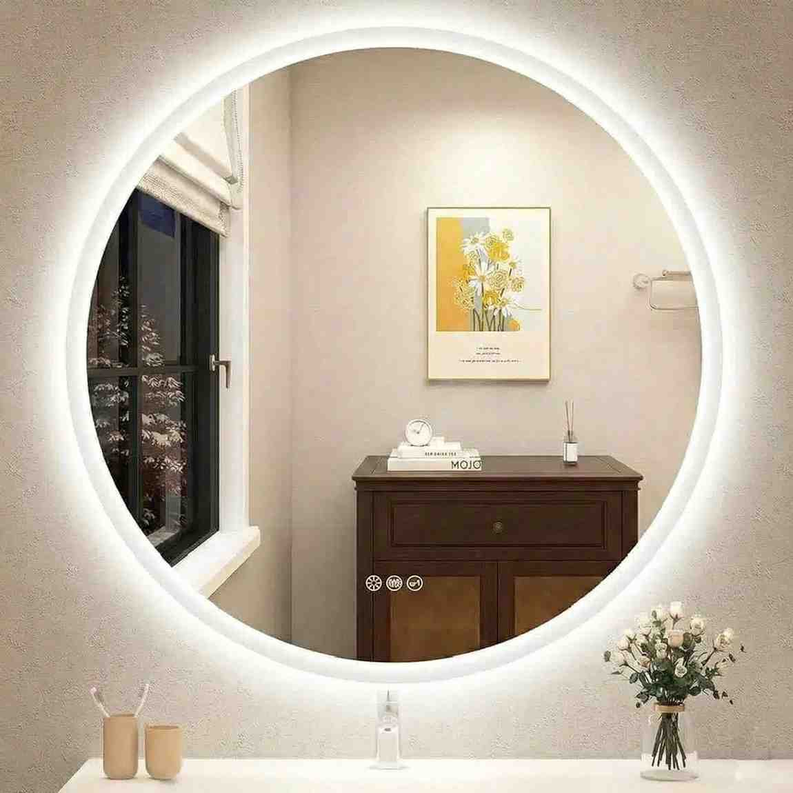 Round decorative mirror installed in living room by Ahmad Glass Works in Dubai
