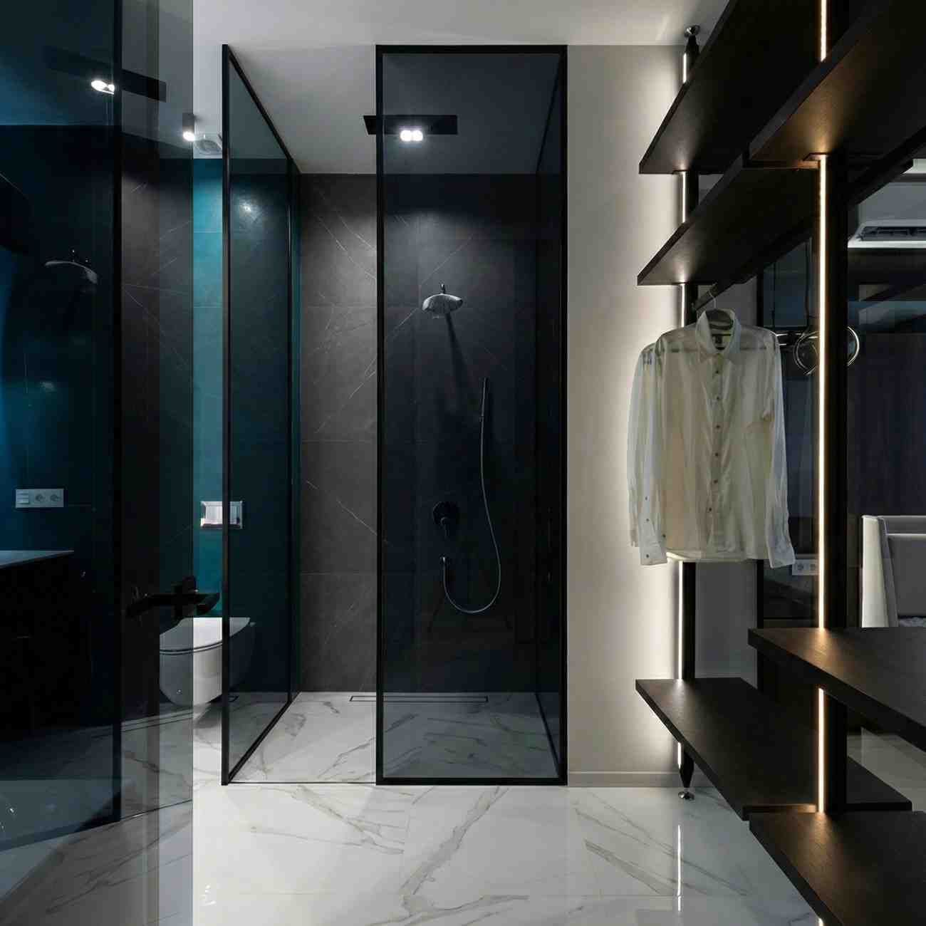 Aesthetic Black Mirror and Glass installation with Lights in Bathroom at AL QUOZ DUBAI by Ahmad Glass Works