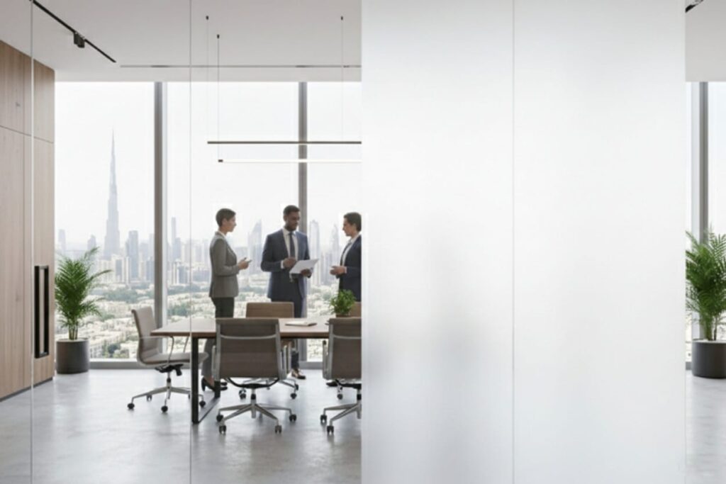 Custom office smart glass works Dubai installation by Ahmad Glass Works for meeting room privacy.