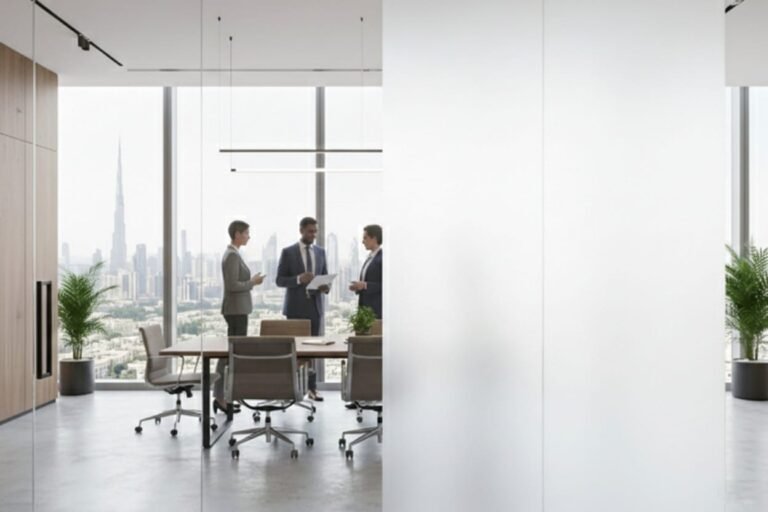 Custom office smart glass works Dubai installation by Ahmad Glass Works for meeting room privacy.
