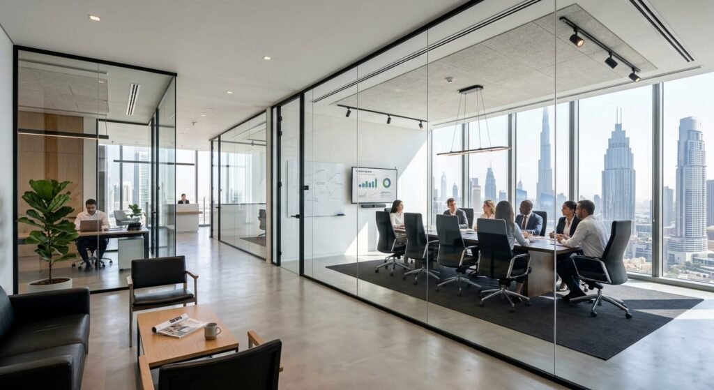 Modern glass partition Dubai office with black aluminium frame