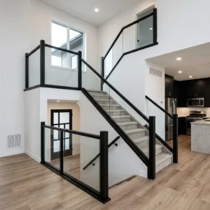 Modern staircase with black-framed glass railing panel
