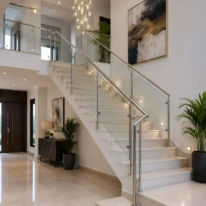 Glass stair railing with stainless steel handrail installed in Dubai.
