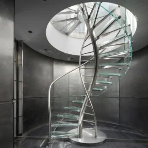 Spiral stainless steel staircase with glass steps