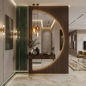 Golden tinted decorative mirror installed for a stylish contemporary interior in Dubai