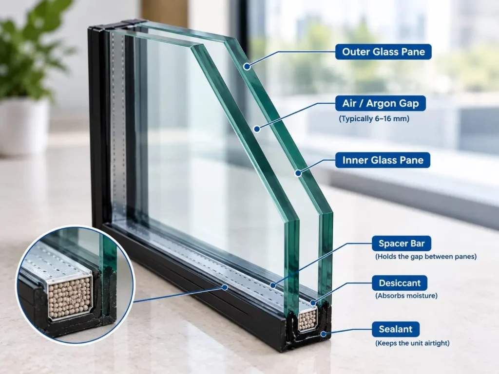 Corner of double glazed unit showing two panes and the sealed gap