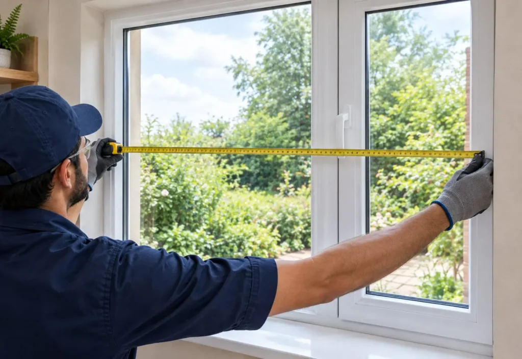 Technician measuring a window frame for glass replacement in Dubai