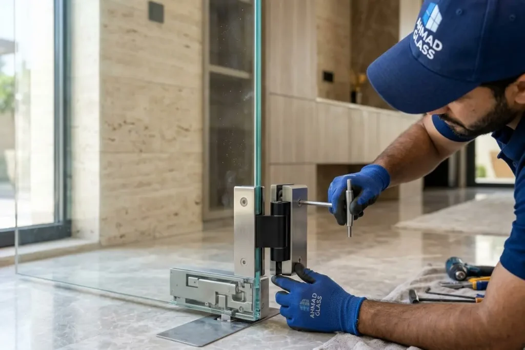Technician adjusting the hinge of a glass door in Dubai