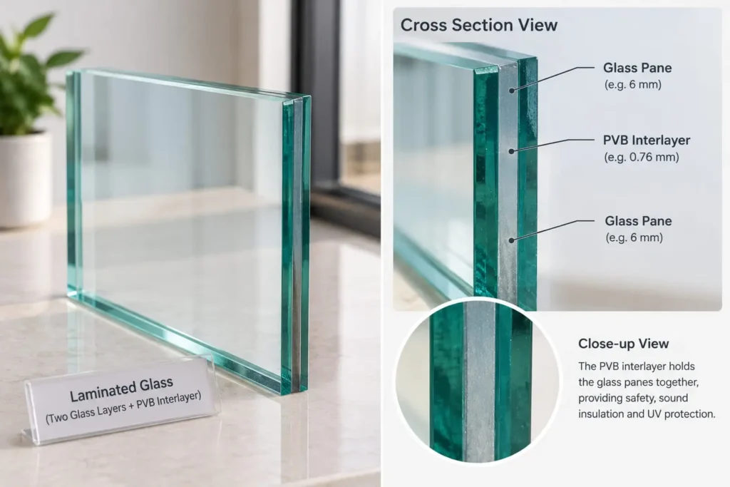 Cross-section of laminated glass showing the layer between two panes