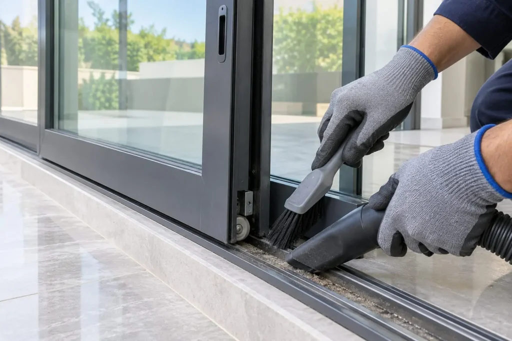 Sand and dust being cleaned out of a sliding door track