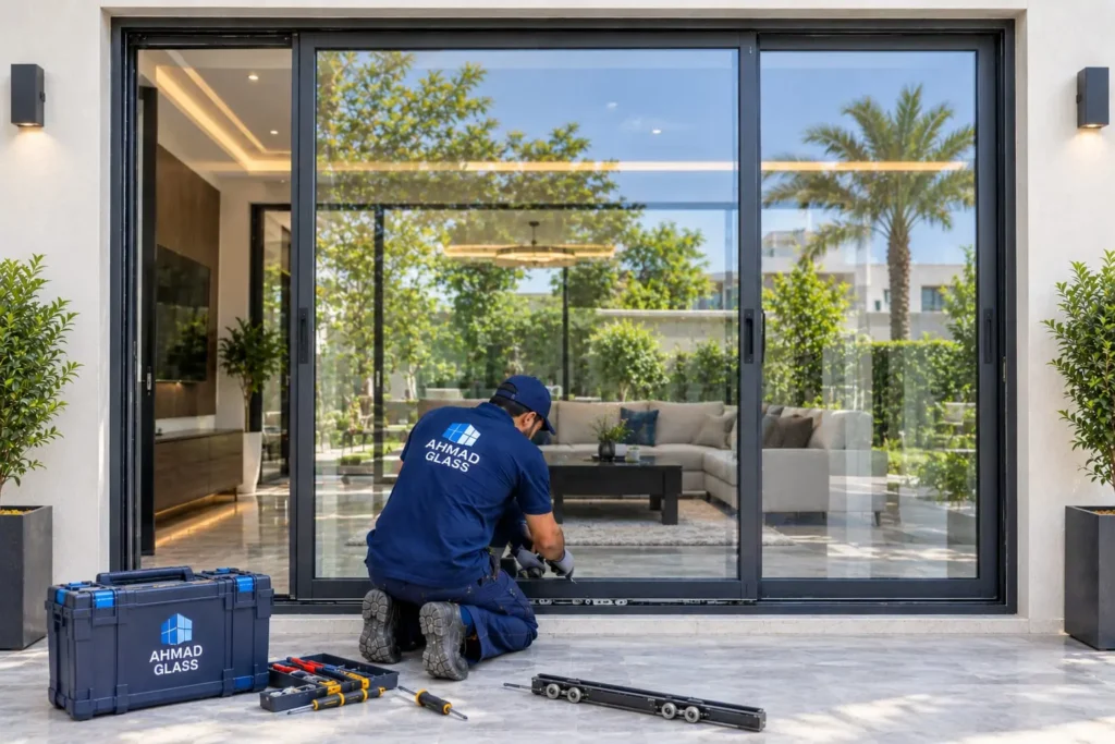 Technician repairing a sliding window in a Dubai villa