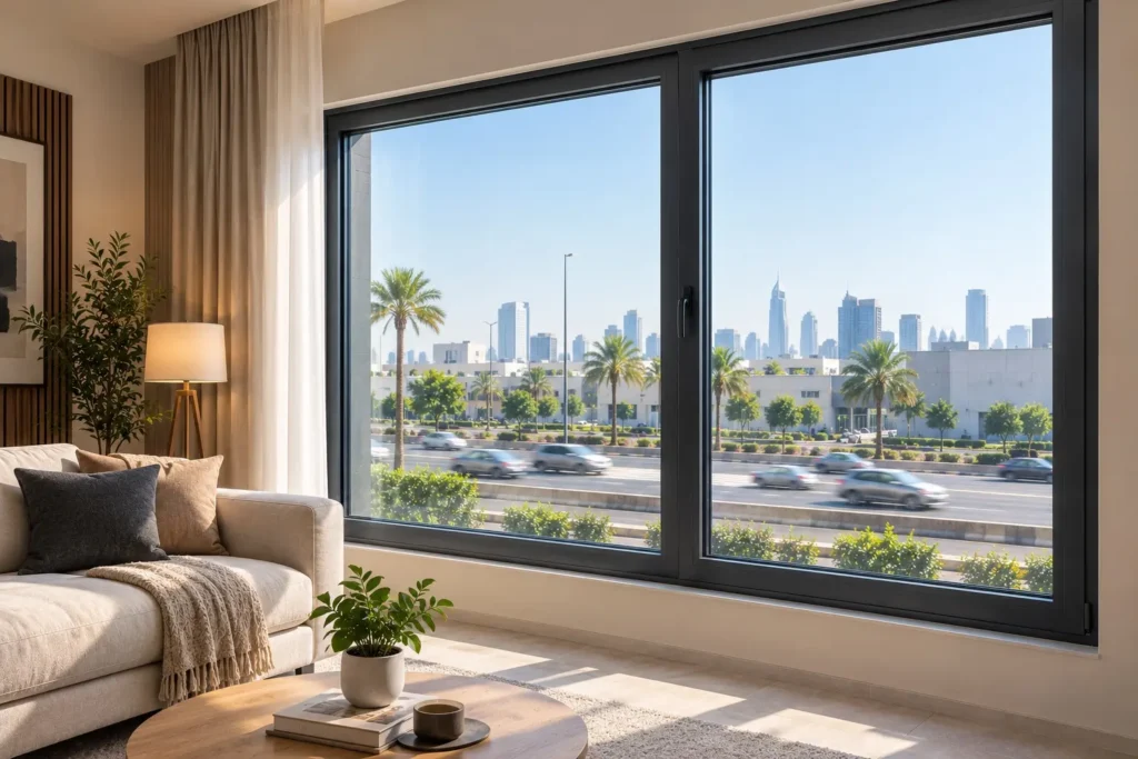 Double glazed soundproof window facing a busy road in Dubai