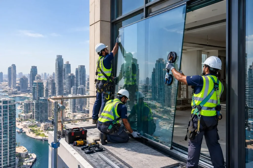 Installer fitting a new glass pane in an apartment window in a Dubai tower