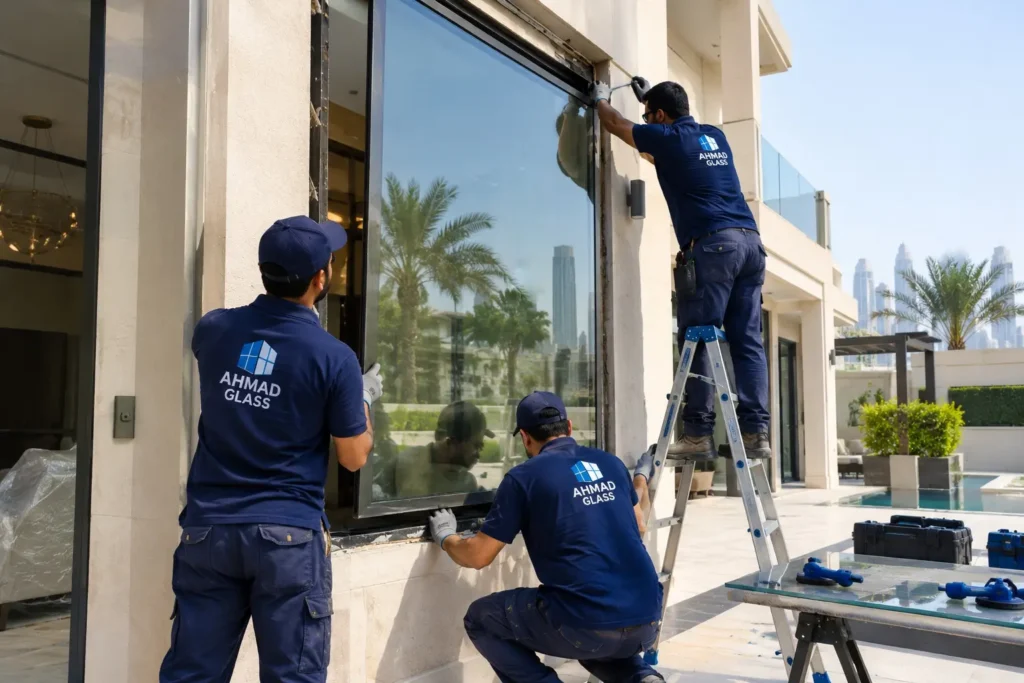 Technician replacing a cracked window glass pane in Dubai apartment