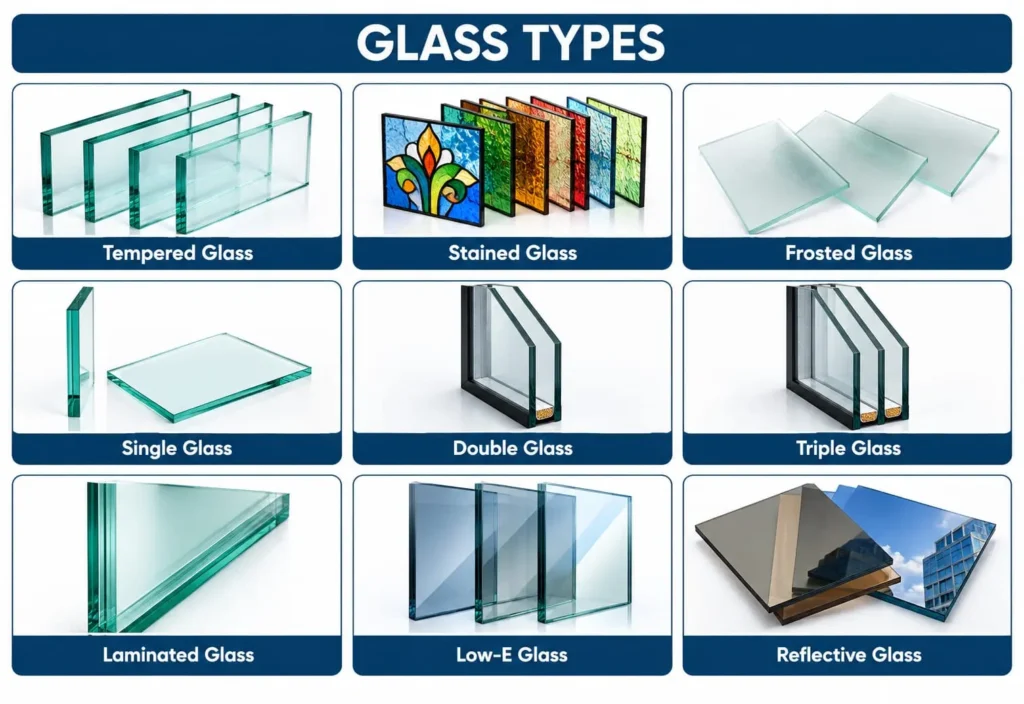 Samples of clear, tempered, laminated, tinted and frosted window glass