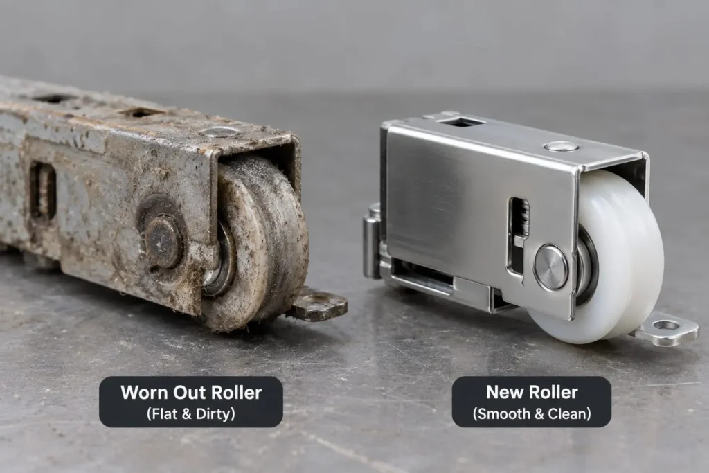 Worn roller from a sliding window next to a new replacement roller