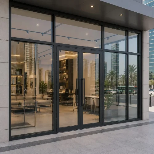 Commercial aluminium glass shopfront installation in Dubai