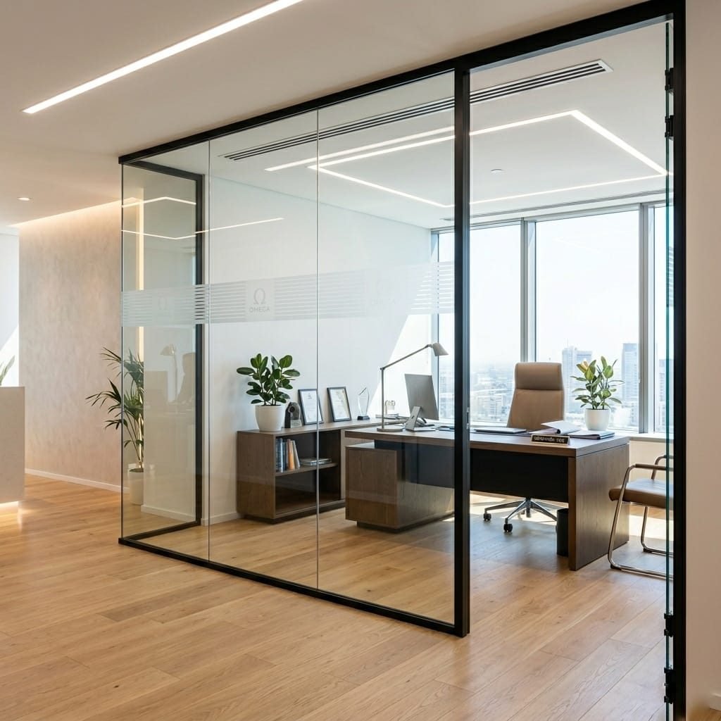 Frameless glass partitions and meeting room glass walls installed in a modern corporate office at Business Bay, Dubai.