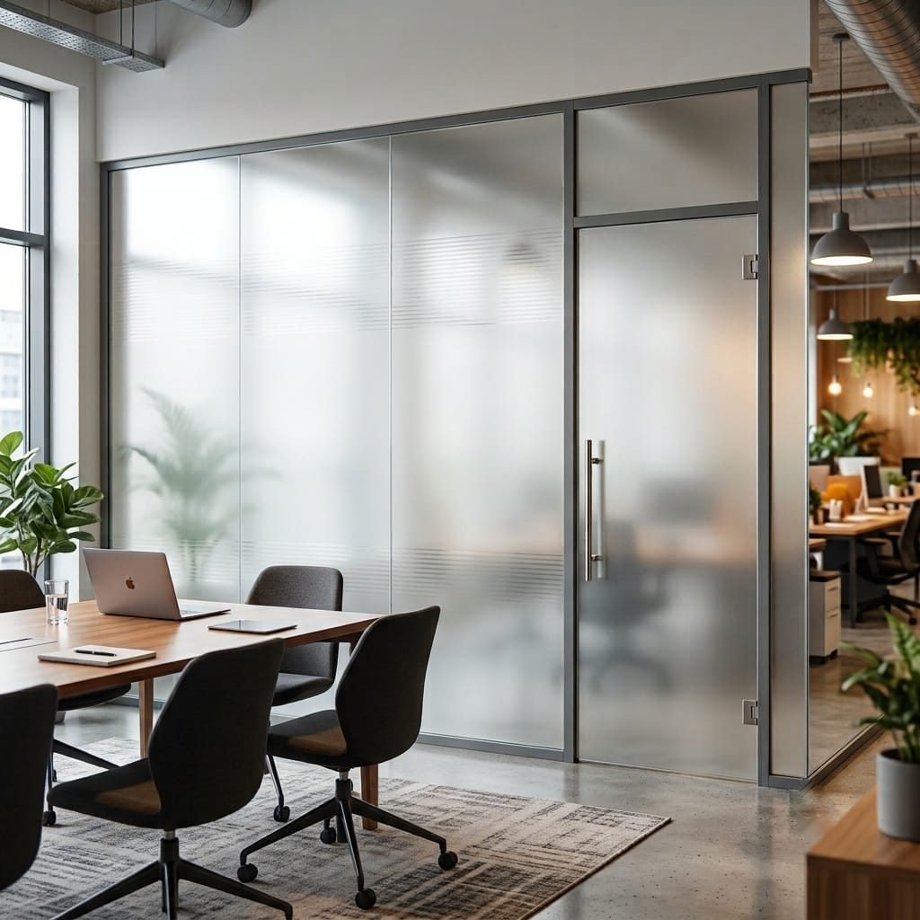 Custom frosted glass partitions installed for privacy in executive cabins and conference rooms at DIFC, Dubai.
