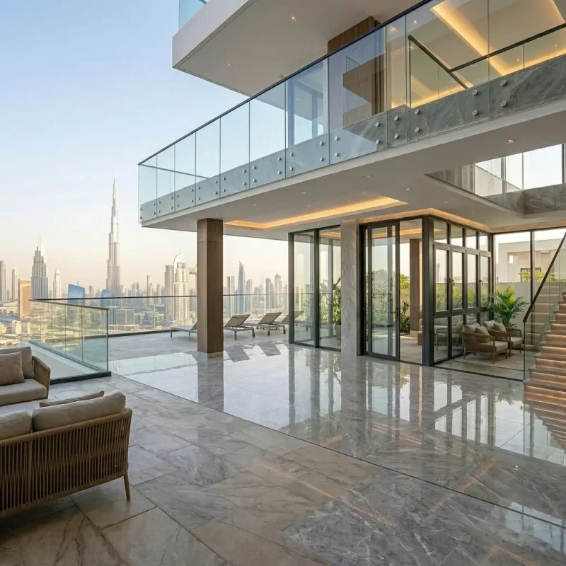 Frameless embedded channel glass railing system for luxury villa Dubai