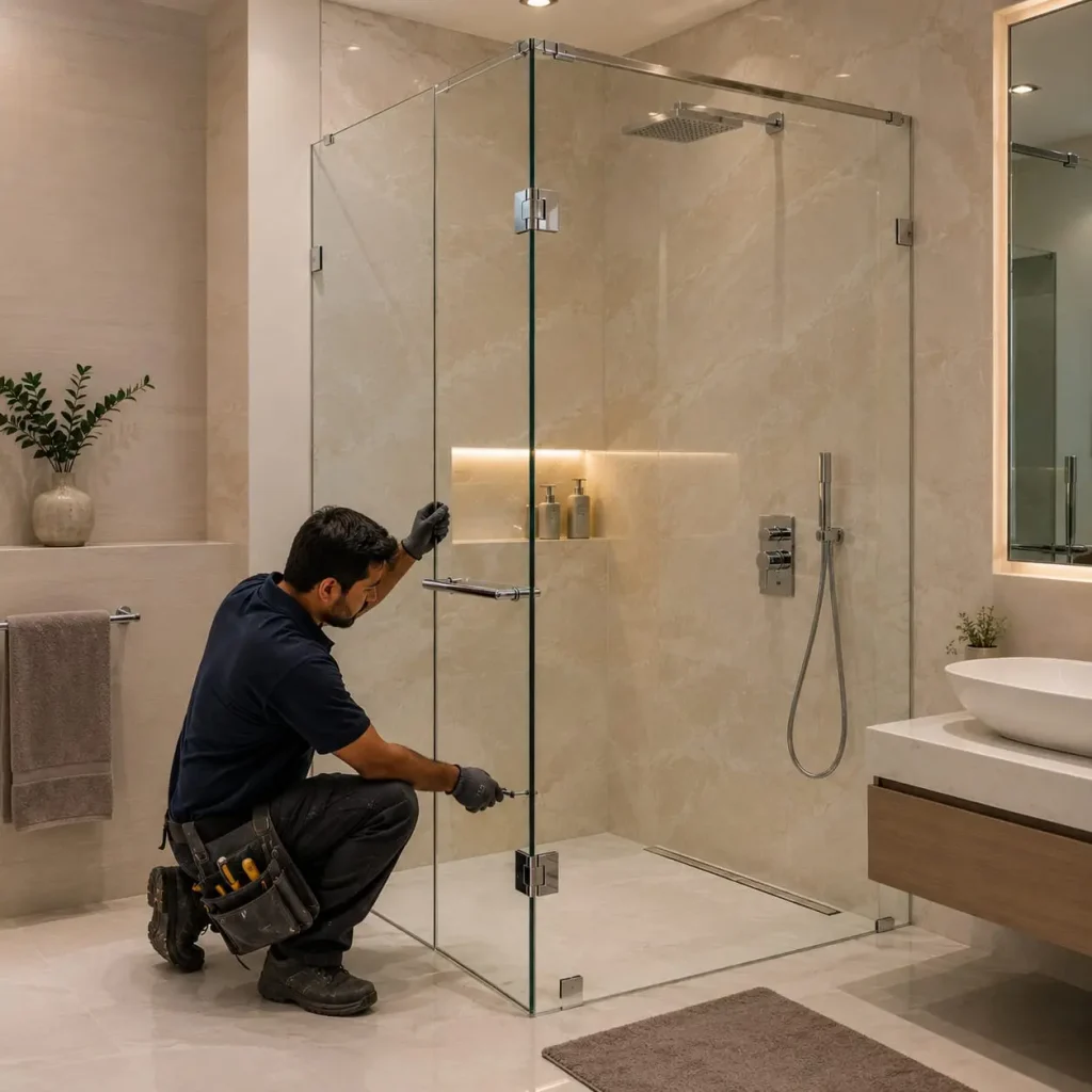 Frameless tempered shower glass enclosure installed in a residential villa by Ahmad Glass Works in Al Quoz, Dubai