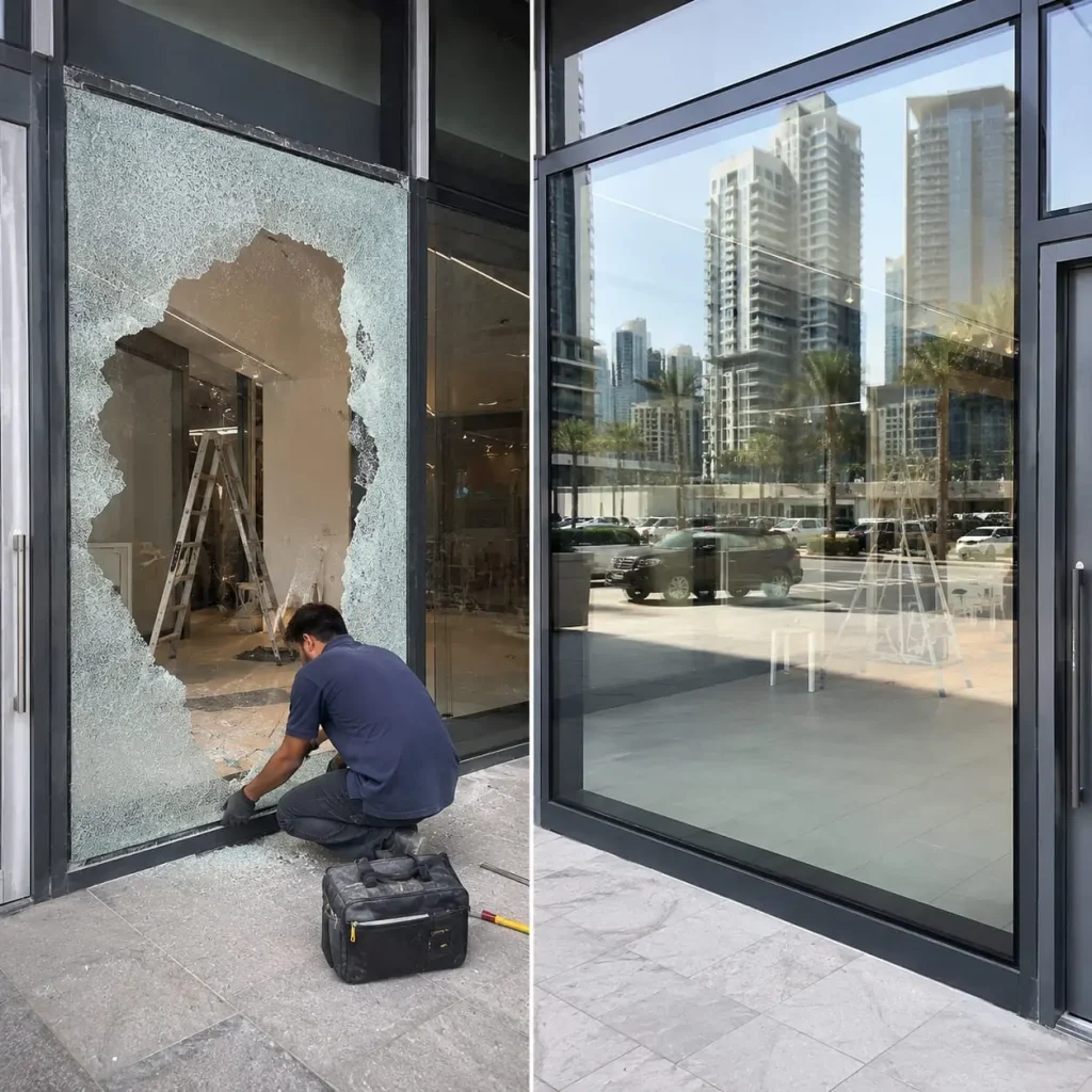 Premium tempered glass Shopfront installation with aluminium framing by Ahmad Glass Works in Al Quoz, Dubai
