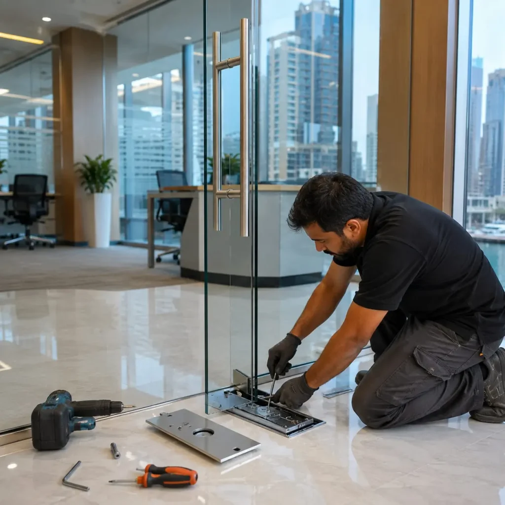 Technician repairing an office glass door in Dubai with door alignment, hydraulic floor spring replacement, and hardware adjustment.