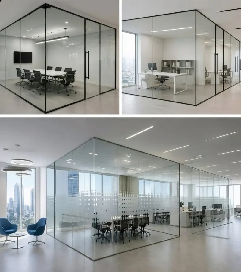 Frameless corporate office glass partition wall installation by Ahmad Glass Works in Business Bay, Dubai.