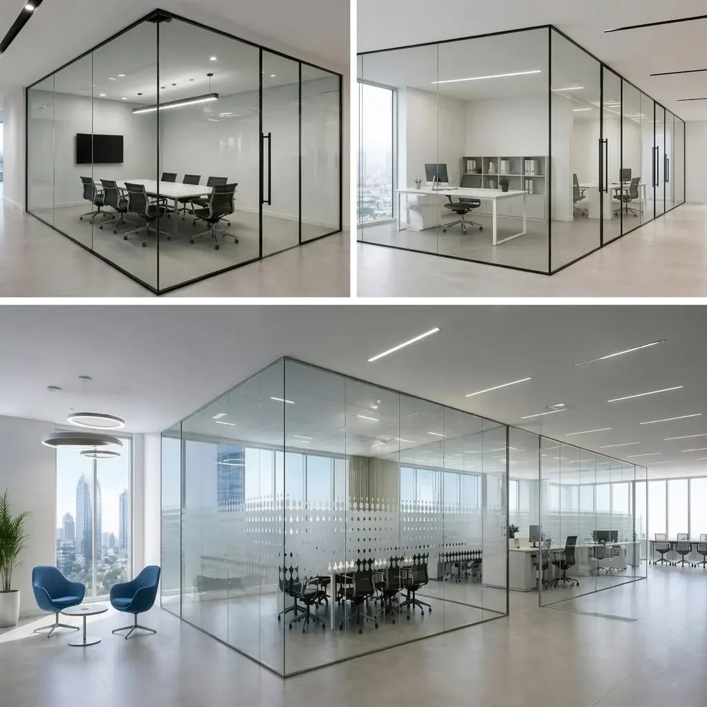 Frameless corporate office glass partition wall installation by Ahmad Glass Works in Business Bay, Dubai.