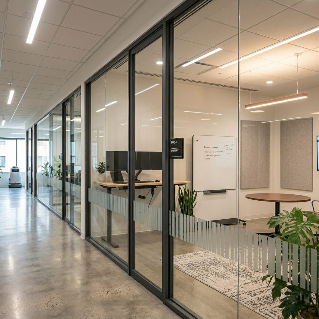 Complete office glass partition system featuring sleek aluminium framing and soundproof acoustic glass panels in Dubai Marina.