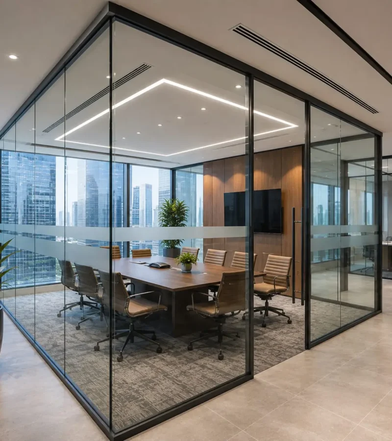 Premium office glass partition with high-quality aluminium frames and durable glass installation in Al Quoz, Dubai by Ahmad Glass Works