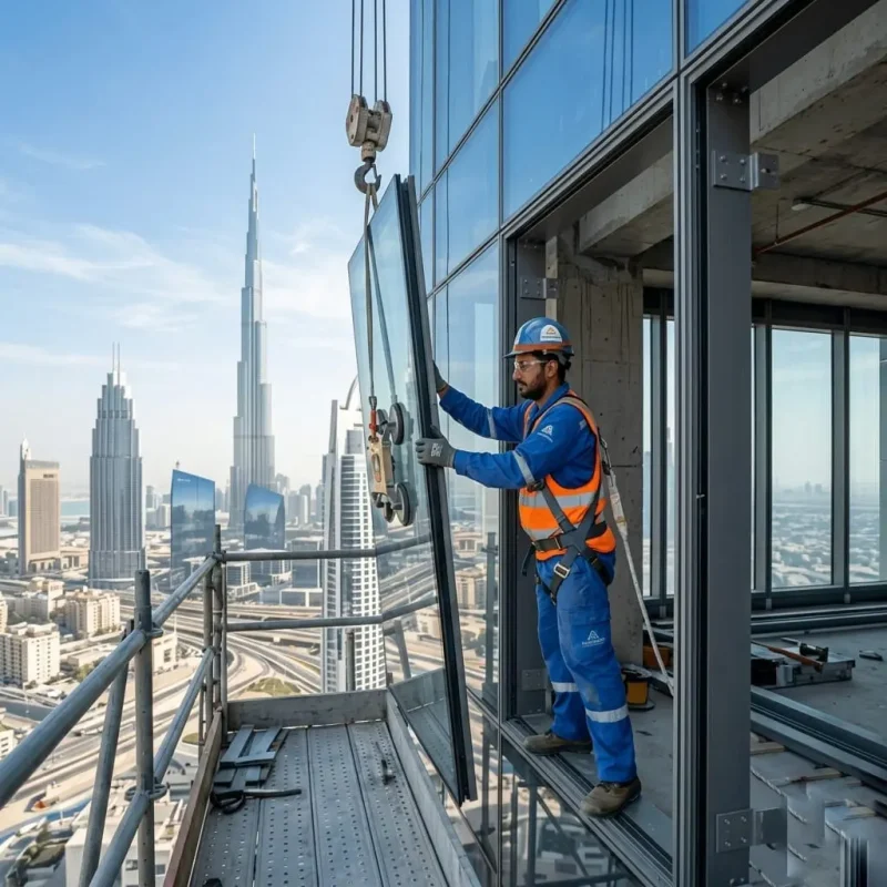 Professional glass installation technicians working in Dubai