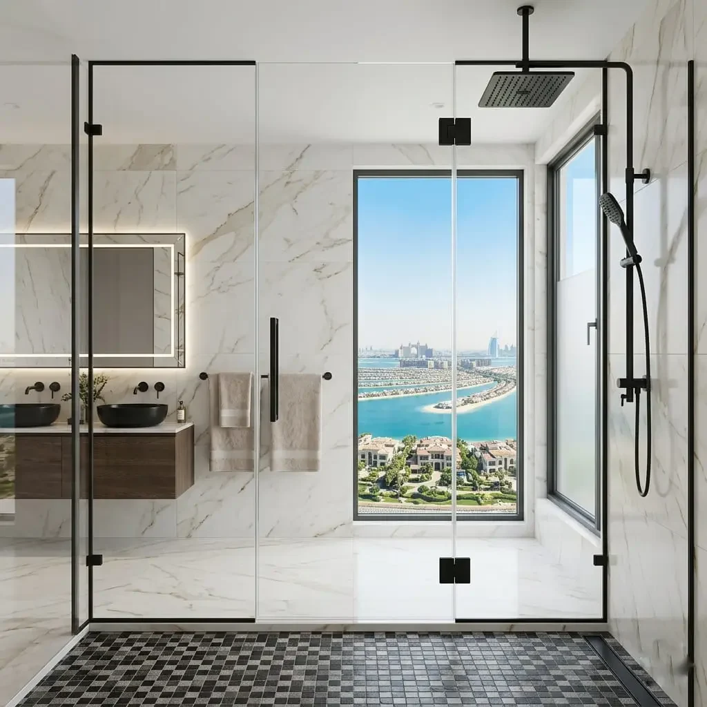 Premium frameless shower glass partition with high-quality matte black fittings installed in a Palm Jumeirah villa.