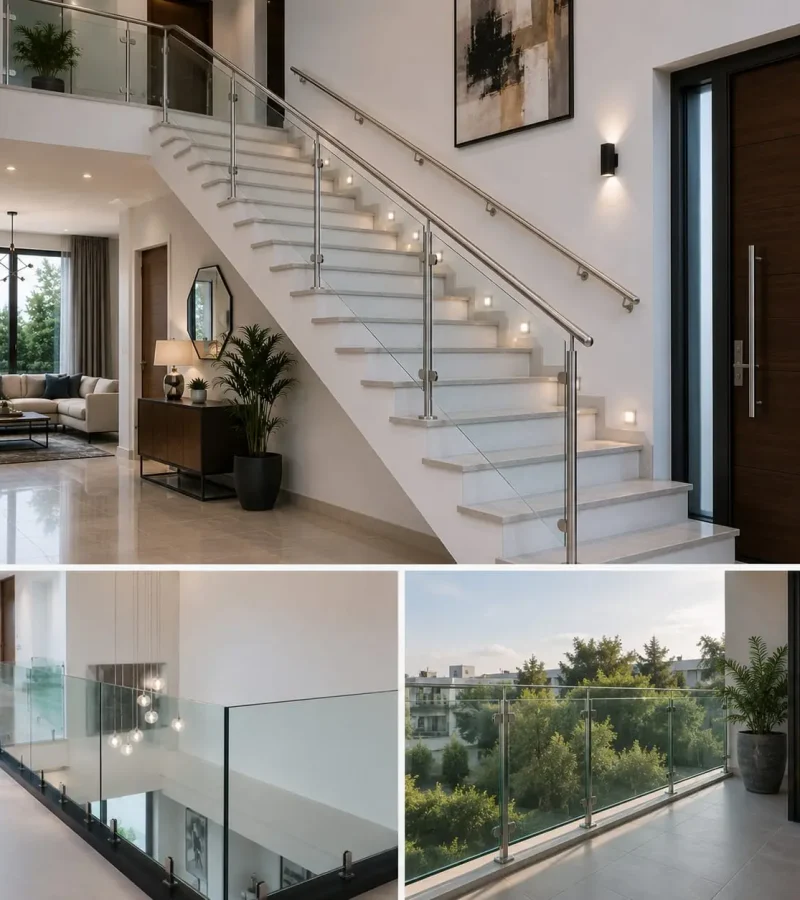 Premium stair glass railing Dubai installation by Ahmad Glass Works with frameless tempered glass and stainless steel handrail.