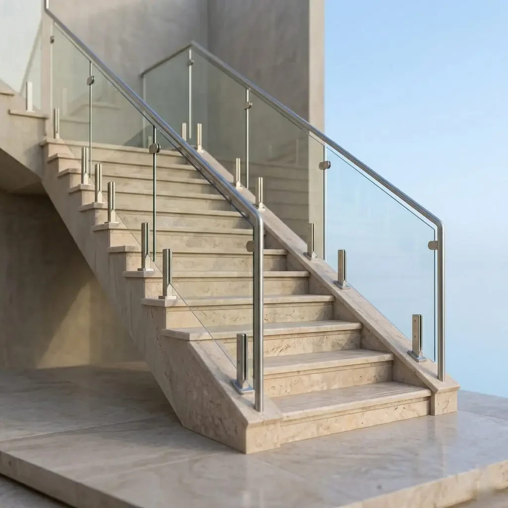 High-durability tempered stair glass railing system with stainless steel spigots in Al Quoz, Dubai.